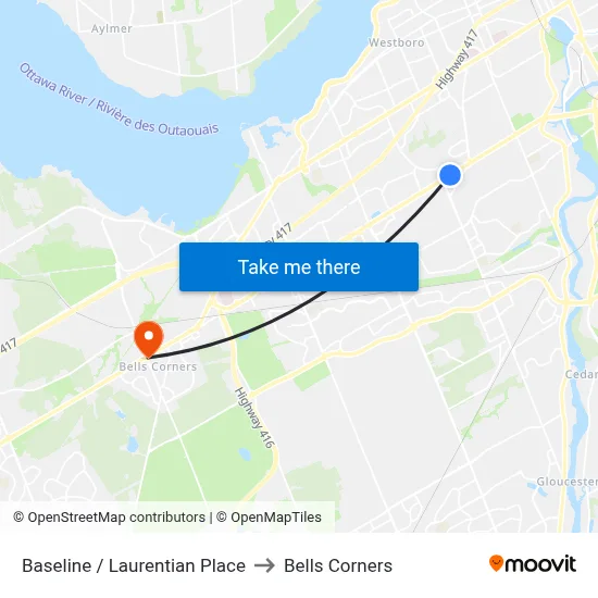 Baseline / Laurentian Place to Bells Corners map