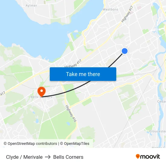 Clyde / Merivale to Bells Corners map