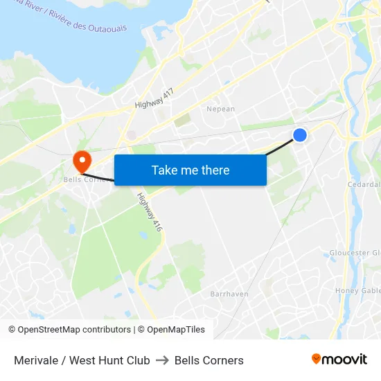 Merivale / West Hunt Club to Bells Corners map