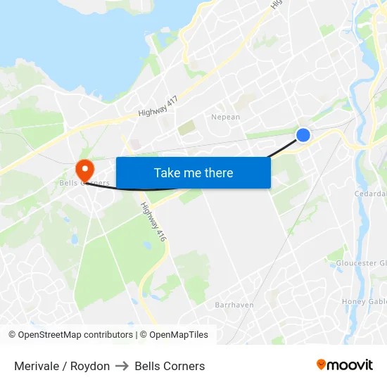 Merivale / Roydon to Bells Corners map