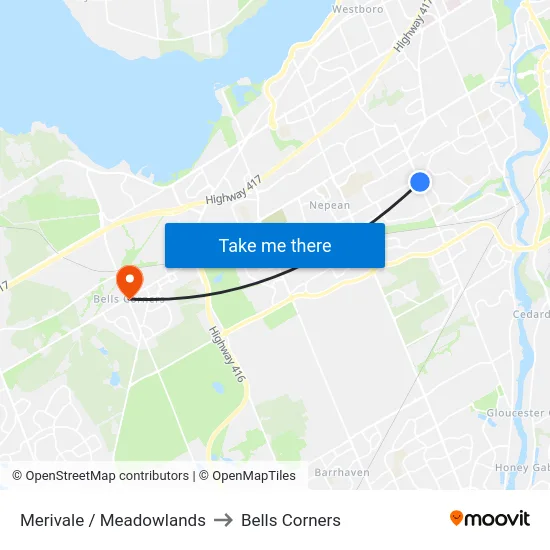 Merivale / Meadowlands to Bells Corners map