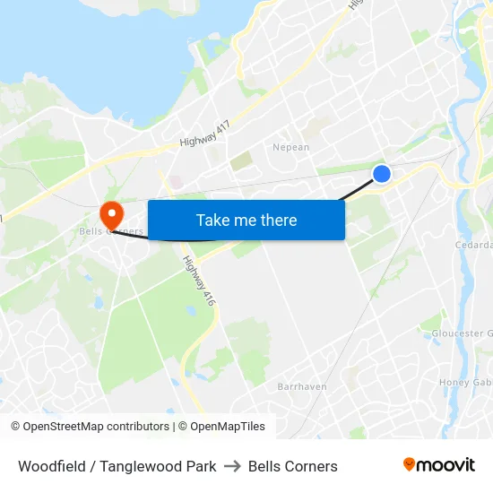 Woodfield / Tanglewood Park to Bells Corners map