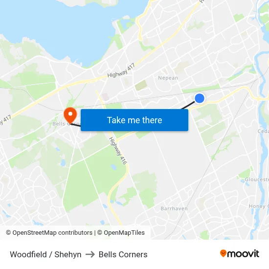 Woodfield / Shehyn to Bells Corners map