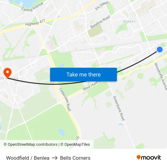 Woodfield / Benlea to Bells Corners map