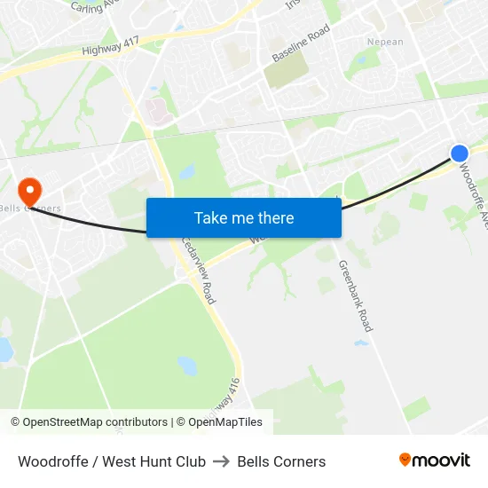 Woodroffe / West Hunt Club to Bells Corners map