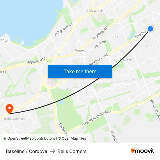 Baseline / Cordova to Bells Corners map