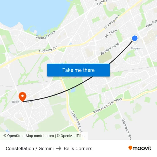 Constellation / Gemini to Bells Corners map