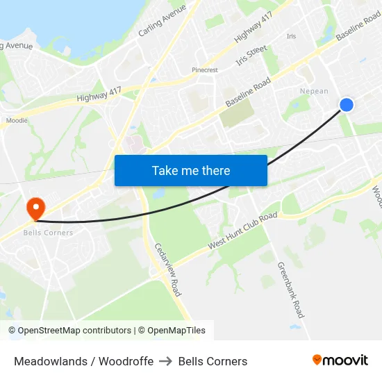 Meadowlands / Woodroffe to Bells Corners map
