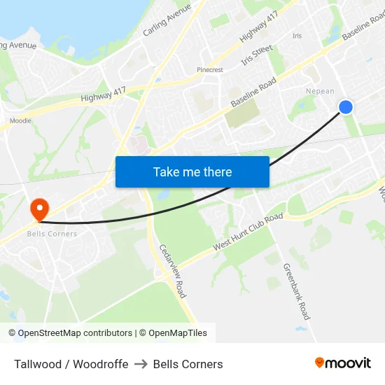 Tallwood / Woodroffe to Bells Corners map