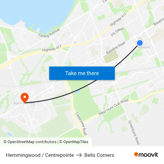 Hemmingwood / Centrepointe to Bells Corners map