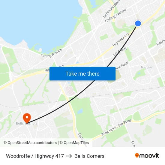 Woodroffe / Highway 417 to Bells Corners map
