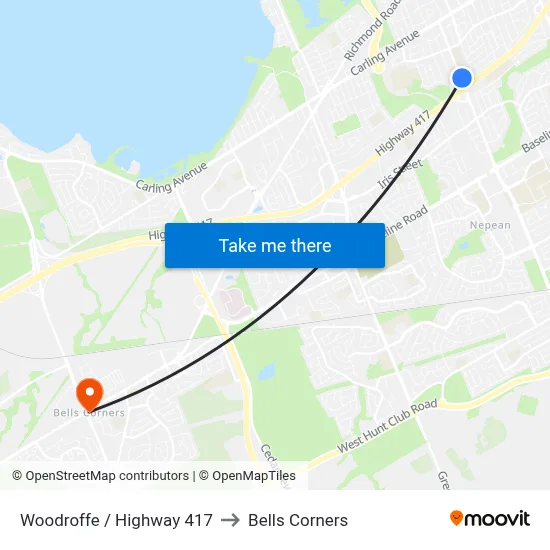 Woodroffe / Highway 417 to Bells Corners map