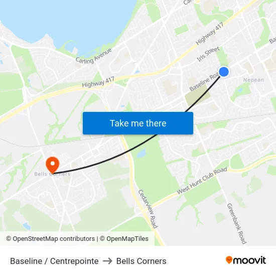 Baseline / Centrepointe to Bells Corners map