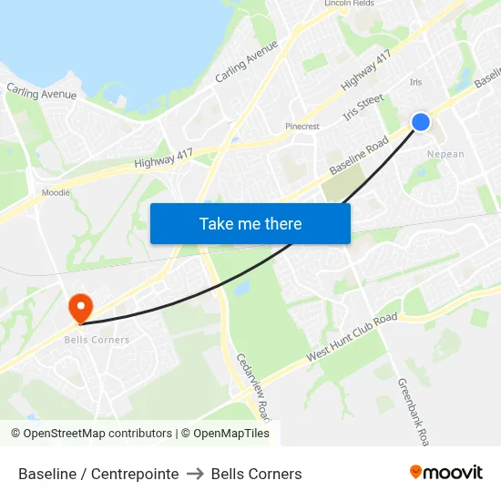 Baseline / Centrepointe to Bells Corners map