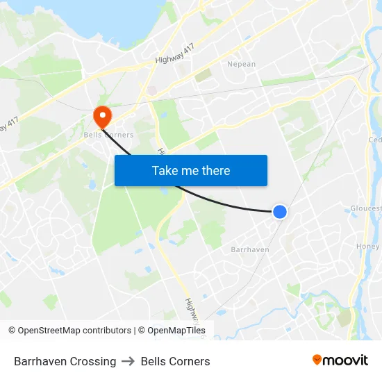 Barrhaven Crossing to Bells Corners map
