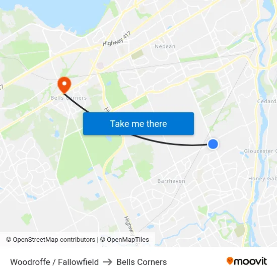 Woodroffe / Fallowfield to Bells Corners map