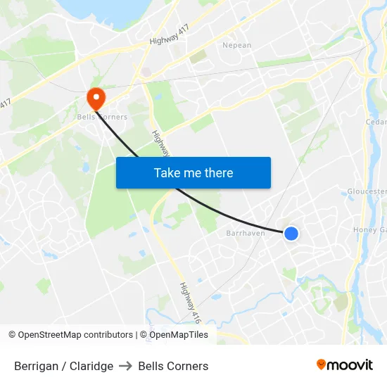 Berrigan / Claridge to Bells Corners map