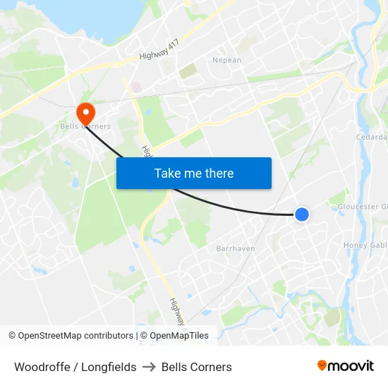 Woodroffe / Longfields to Bells Corners map