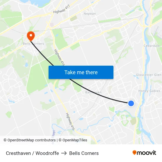 Cresthaven / Woodroffe to Bells Corners map