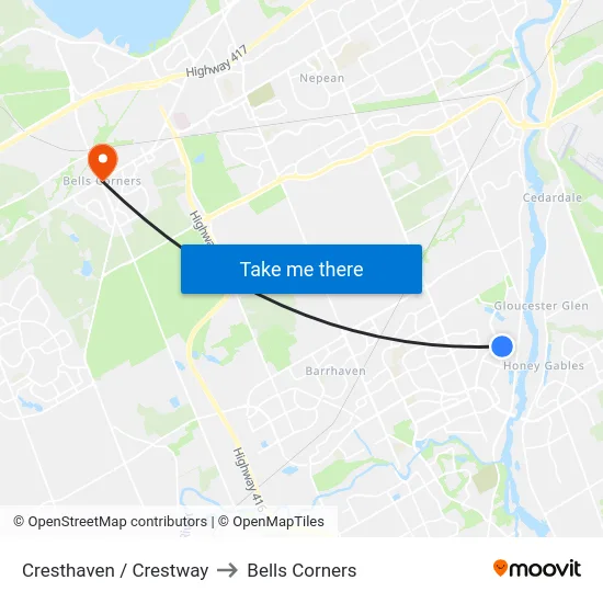Cresthaven / Crestway to Bells Corners map