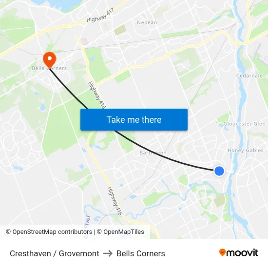 Cresthaven / Grovemont to Bells Corners map