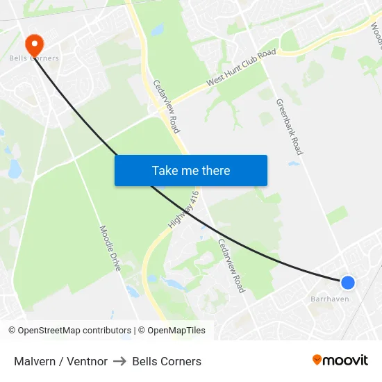 Malvern / Ventnor to Bells Corners map