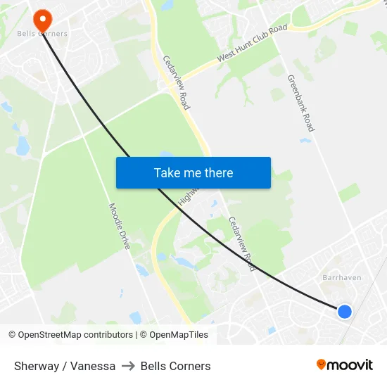 Sherway / Vanessa to Bells Corners map