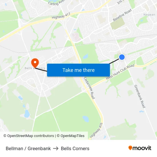 Bellman / Greenbank to Bells Corners map