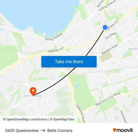 2600 Queensview to Bells Corners map