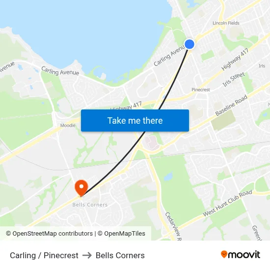 Carling / Pinecrest to Bells Corners map
