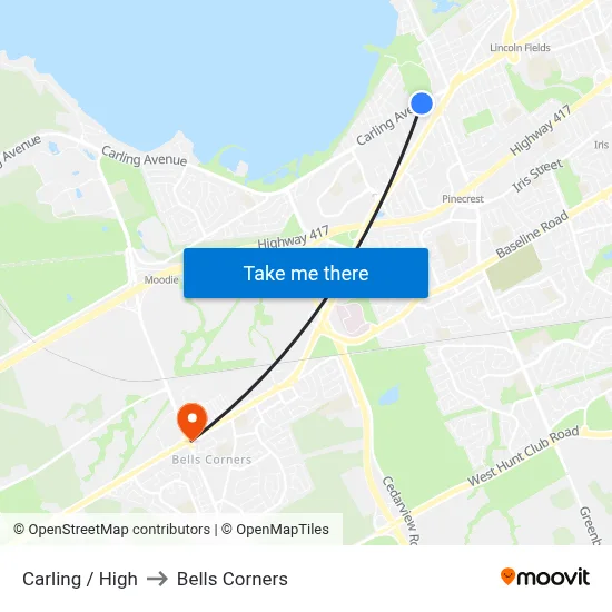 Carling / High to Bells Corners map
