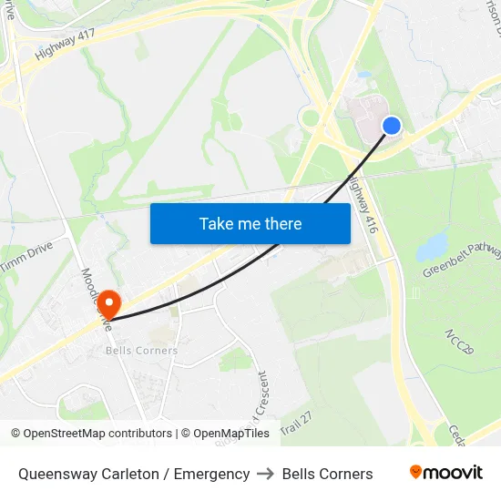 Queensway Carleton / Emergency to Bells Corners map