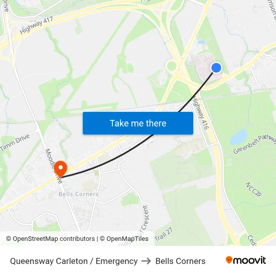 Queensway Carleton / Emergency to Bells Corners map