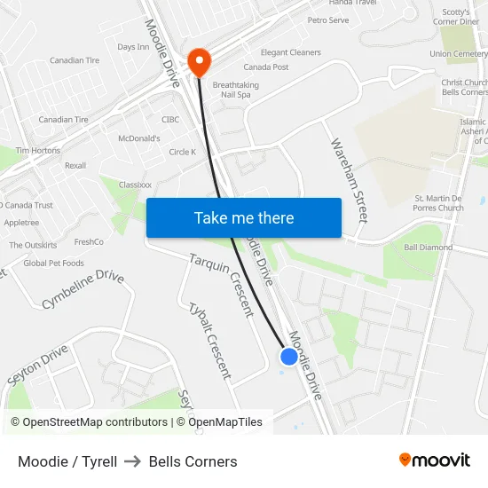 Moodie / Tyrell to Bells Corners map