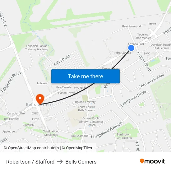 Robertson / Stafford to Bells Corners map