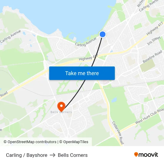 Carling / Bayshore to Bells Corners map