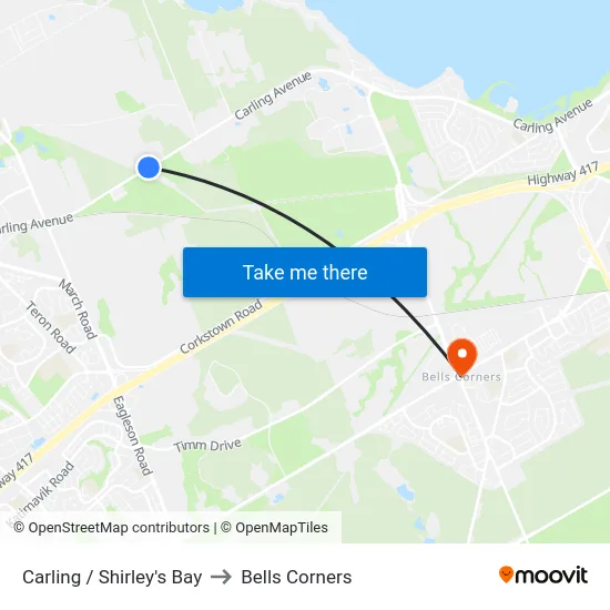 Carling / Shirley's Bay to Bells Corners map