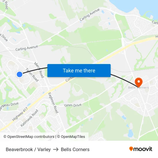 Beaverbrook / Varley to Bells Corners map