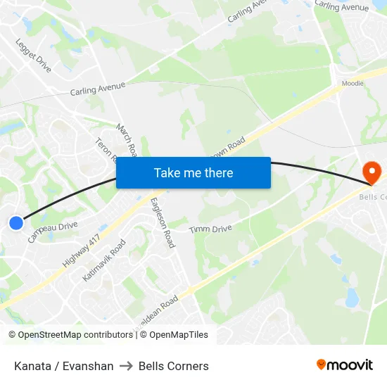 Kanata / Evanshan to Bells Corners map