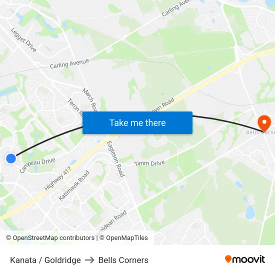 Kanata / Goldridge to Bells Corners map