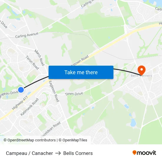 Campeau / Canacher to Bells Corners map
