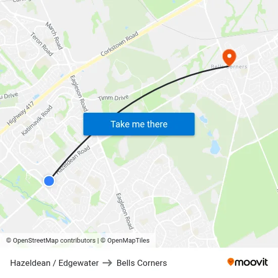 Hazeldean / Edgewater to Bells Corners map