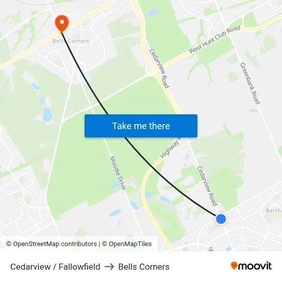 Cedarview / Fallowfield to Bells Corners map