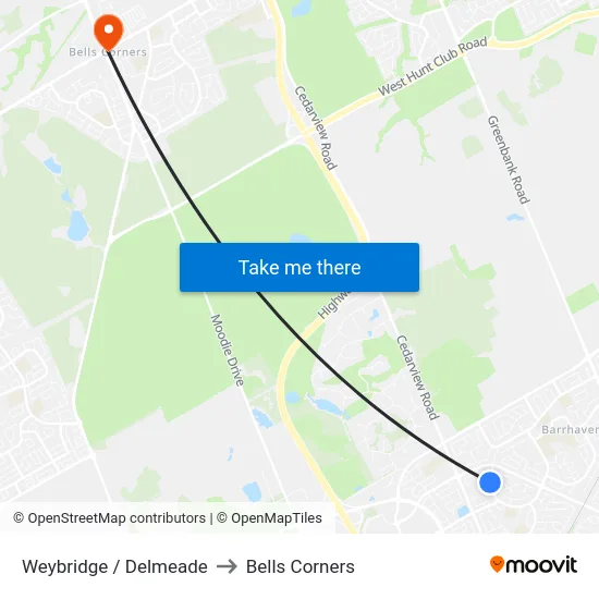 Weybridge / Delmeade to Bells Corners map