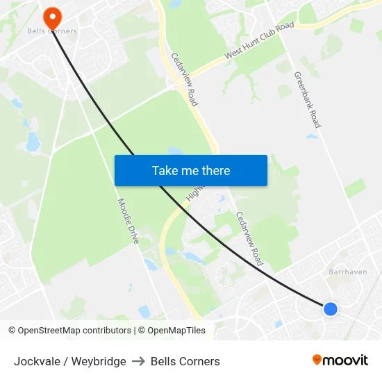 Jockvale / Weybridge to Bells Corners map