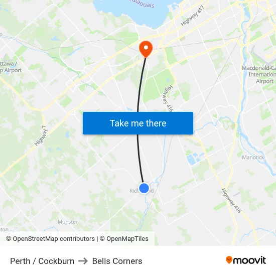 Perth / Cockburn to Bells Corners map
