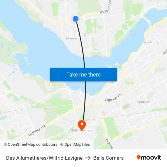 Des Allumettières/Wilfrid-Lavigne to Bells Corners map