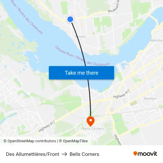 Des Allumettières/Front to Bells Corners map