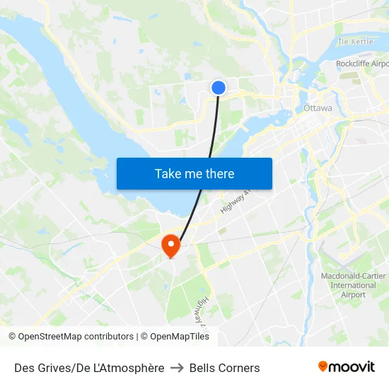 Des Grives/De L'Atmosphère to Bells Corners map