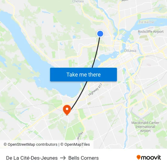 De La Cité-Des-Jeunes to Bells Corners map